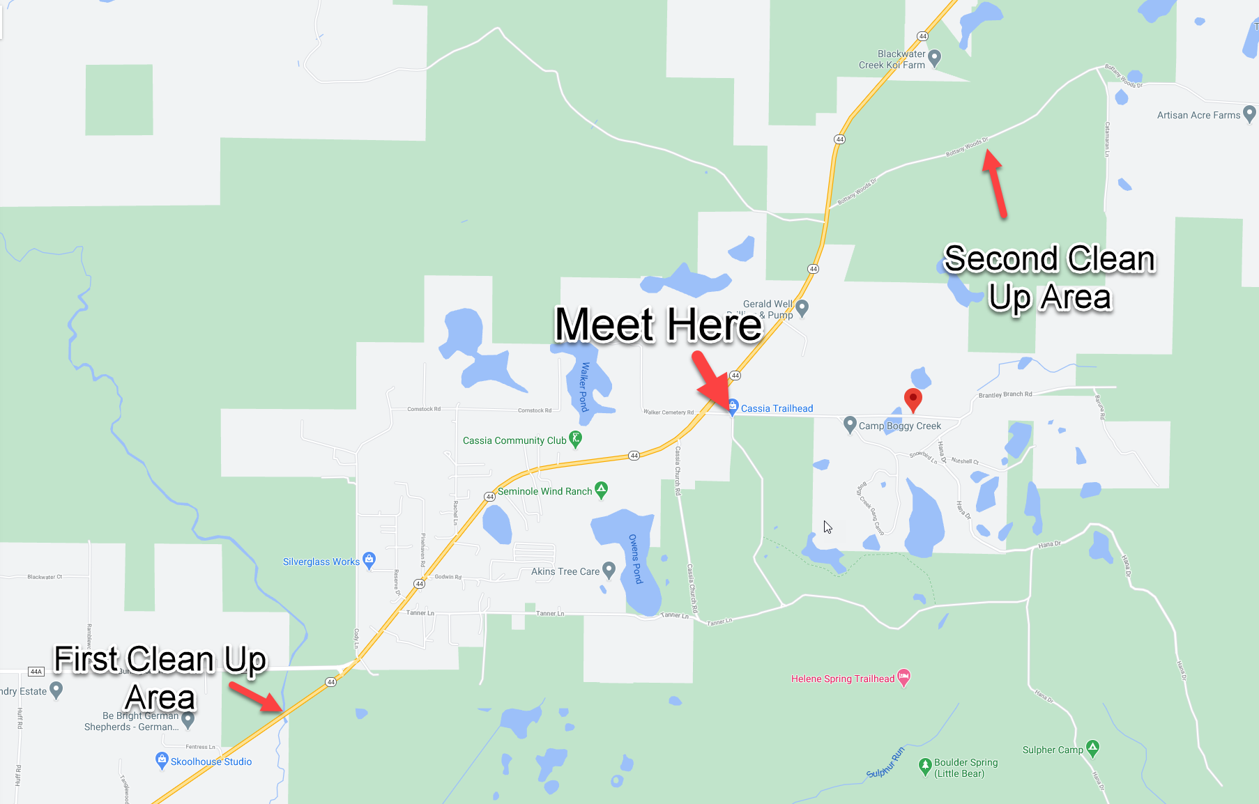 Map showing April 3rd meeting and clean up areas.